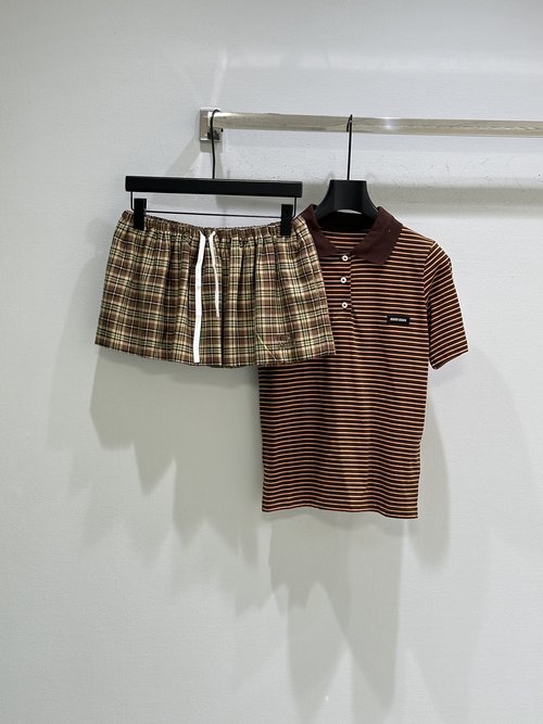 Prada Brown Checked Shirt with Matching Drawstring Skirt