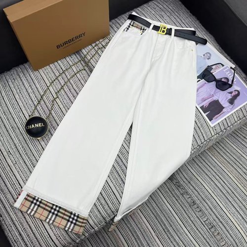 Burberry Patchwork Denim Straight Pants with Embroidered Horse Pocket