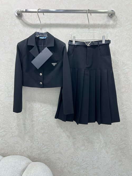 Prada Classic Suit Set with Lapel Jacket and Belted Skirt