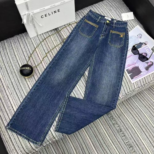 Celine Retro Cowboy Straight Pants with Embroidered Arch Logo