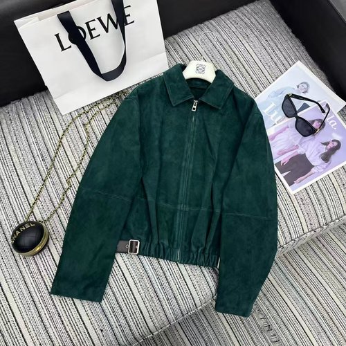 Loewe Suede Sheepskin Collar Jacket with Belt and Logo Accent