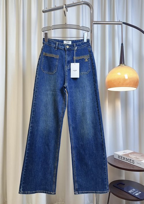 Celine Front Pocket Embroidered Logo Wide-leg Jeans, Versatile