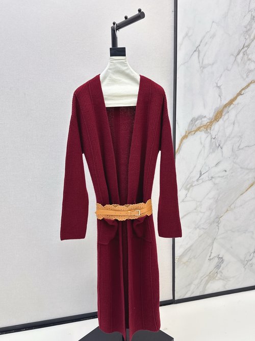 Alaia Minimalist Classic Long Knit Coat with Belt, Three Colors