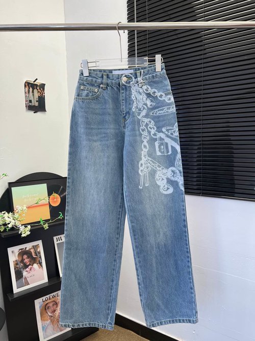 Louis Vuitton High-Waisted Jeans with Digital Print Chain, Straight Leg Cut