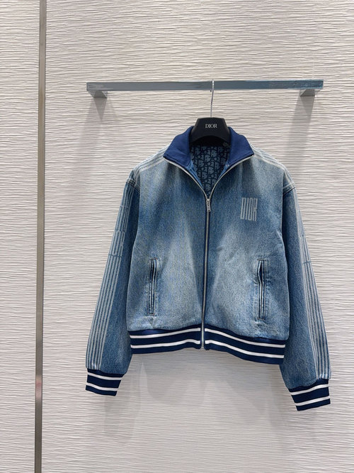 Dior Baseball Style Denim Jacket and Pants Ensemble with Thread Embroidery