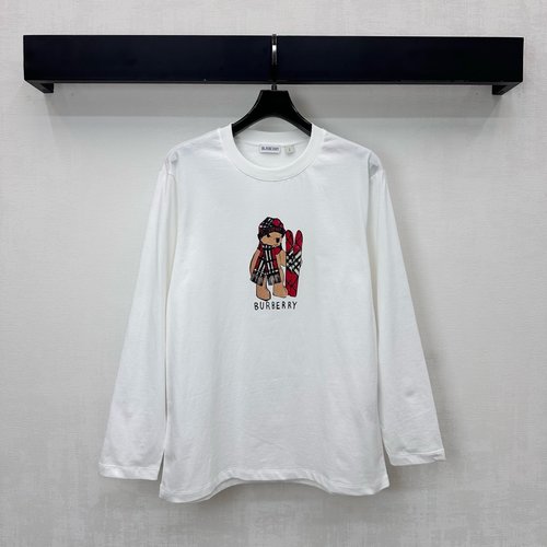 Burberry Cotton Long Sleeve Tee with Whimsical Bear and Scarf Design