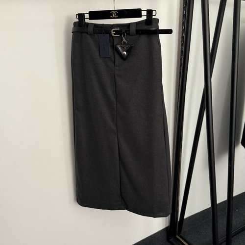 Prada Commute Style High-Waisted Mid-Length Suit Skirt with Belt