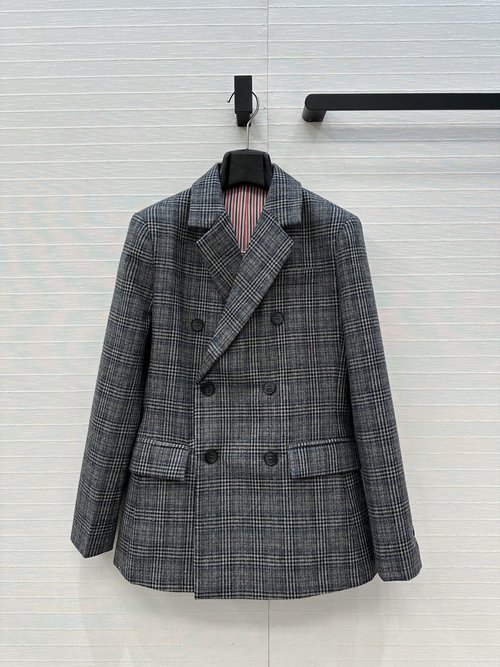 The Row Tho Brow Gray Check Double-Breasted Blazer with Stripes