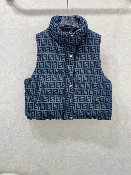Fendi Denim Vest with Double F Jacquard Fabric, Filled with Down