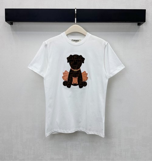 Fendi Cotton Short-sleeved T-shirt with Double F Logo Puppy Pattern