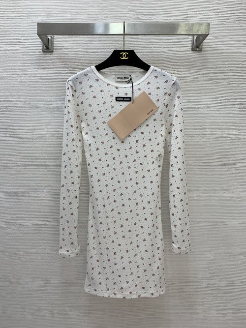 Miu Miu Floral Print Long Sleeve Dress with Logo Decoration