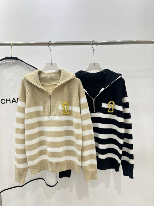 Schiaparelli Striped Inter - color Turn - up Collar Knitted Long - sleeve Top