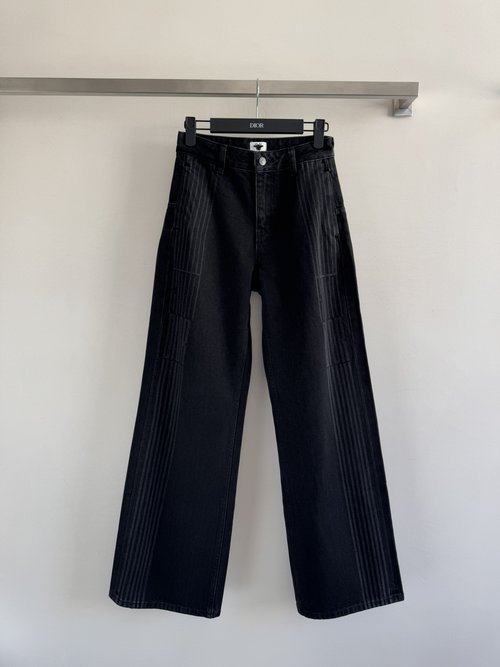 Dior Wide - Leg Jeans with Side Letter Stripes, Stylish and Versatile