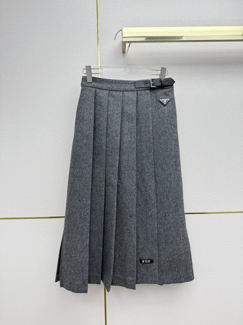 Prada Leather Buckled Pleated Wool Skirt with Logo