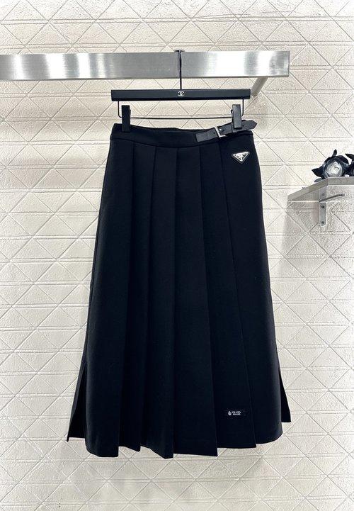 Prada Custom Imported Wool Mid-Length Pleated Skirt with Metal Emblem Belt