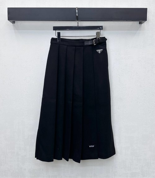 Prada High-Waisted Pleated Skirt with Leather Buckle and Signature Triangle Logo