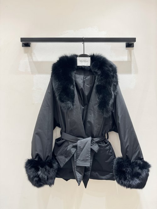 Max Mara Detachable Fox Fur Collar Waist-Gathered Down Coat in Multiple Colors
