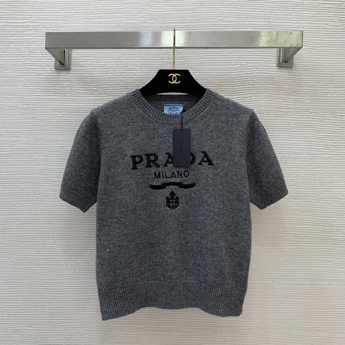 Prada Knitted Short Sleeve Round Neck Top with Embroidered Logo