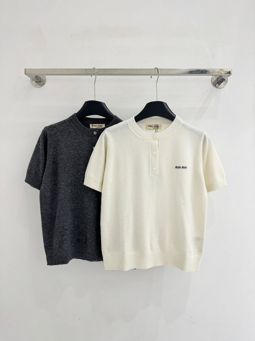 Miu Miu Short - Sleeve Top with Button Decoration, Solid Color