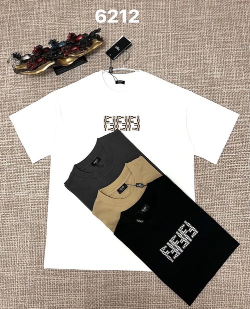 Fendi Pure Cotton Double-Yarn Plain Weave Embroidered T-Shirt, Multiple Colors