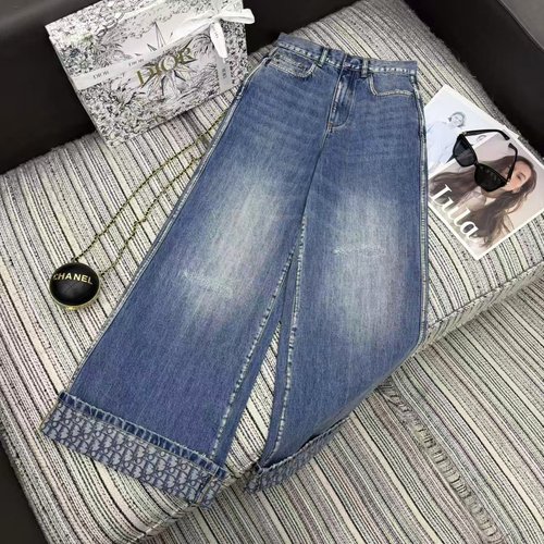 Dior Recommended Denim Wide-Leg Pants with Classic老花 Print