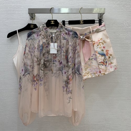 Zimmermann Bird-on-Branch Floral Print Three-piece Set with Silk Shirt and Scarf Belt