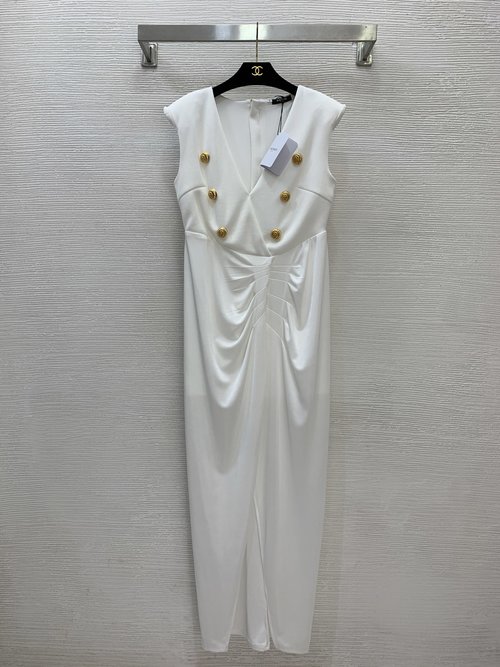 Balmain Customized Gold Logo Zip Sleeveless V - Neck Evening Dress