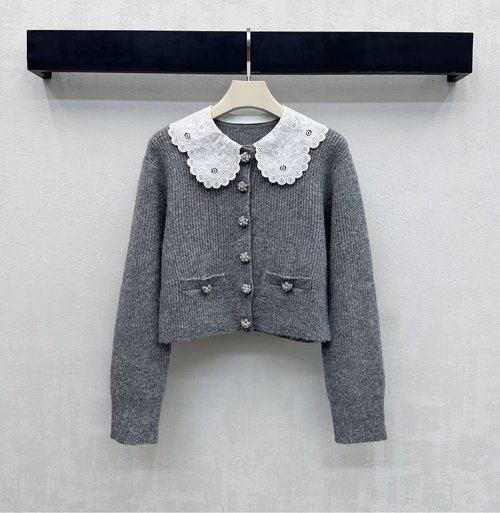 Self-Portrai Detachable Collar Knit Jacket with Lace and Diamond Buttons