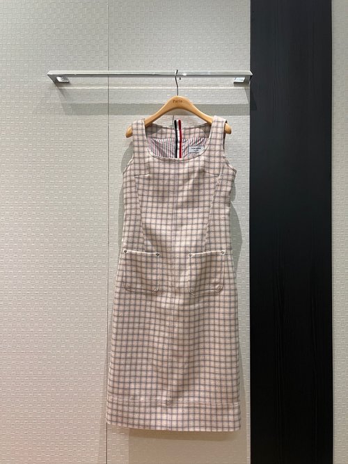 Thom Browne Pink Checked Sleeveless Dress with Side Pockets and Webbing Trim