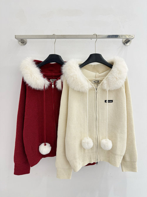 Miu Miu Burgundy and Beige Hooded Top with Fur Collar and Pom-Pom Drawstring