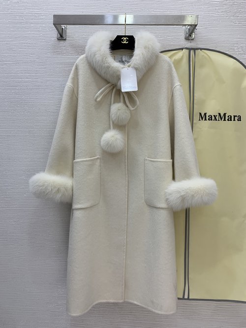 Max Mara Mid-Length Woolen Coat with Fur Collar & Bow