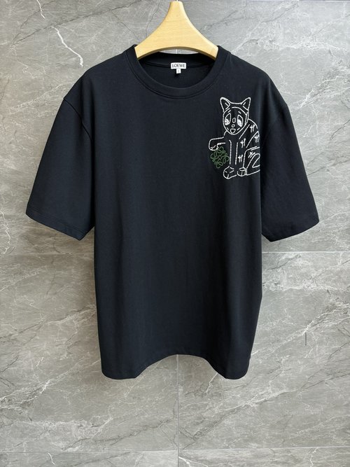 Loewe Cute Cat Embroidery Comfortable Round Neck T-shirt
