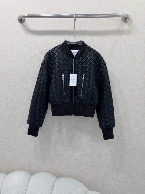 Bottega Veneta Woven Leather Collared Biker Jacket in PU Leather for a Stylish and Casual Look