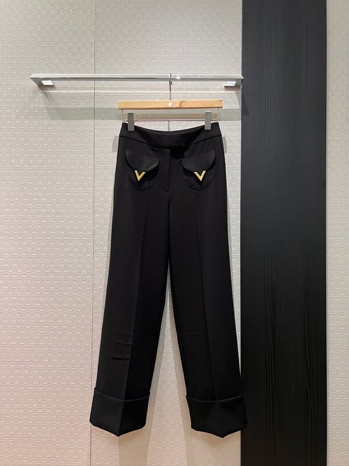 Valentino V Letter Metal Decorated Pocket Wide Cuffed Straight Casual Trousers