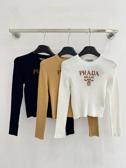 Prada Multi - colored Round Neck Knit Top with Chest Letter Jacquard