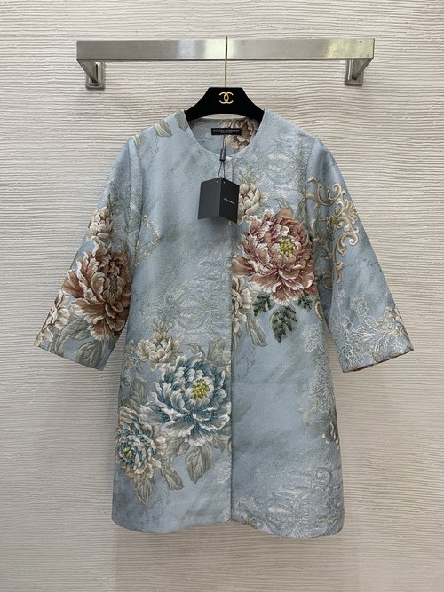 Dolce & Gabbana Loose Seven-Sleeved Mid-Length Coat with Peony Pattern