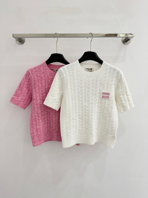 Miu Miu Early Spring Short-Sleeve Knit with Classic Cable Pattern