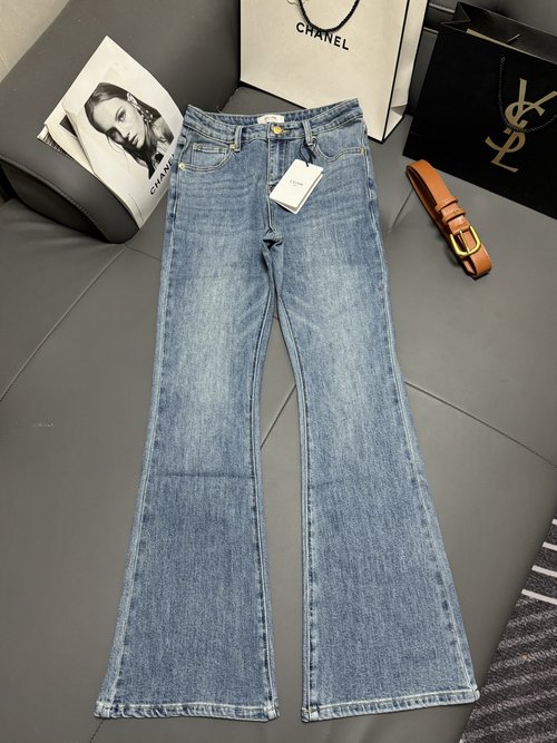 Celine Elastic Two-tone Flare Jeans with Embroidered Logo