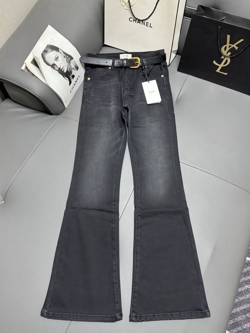 Celine Slim Fit Double Color Micro Flare Jeans, Embroidered Logo