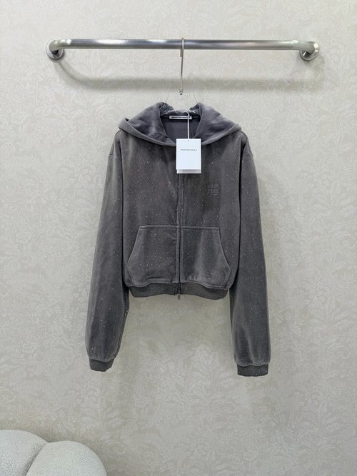 Alexander Wang Velvet Rhinestone Hooded Jacket with Dual Zipper, New Collection