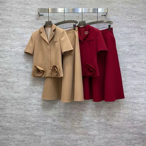 Valentino Sophisticated Khaki and Burgundy Suit with Rose Decoration