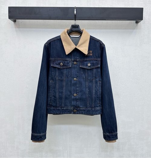 Miu Miu Corduroy Collar Denim Jacket with Faded Wash and Leather Logo Patch