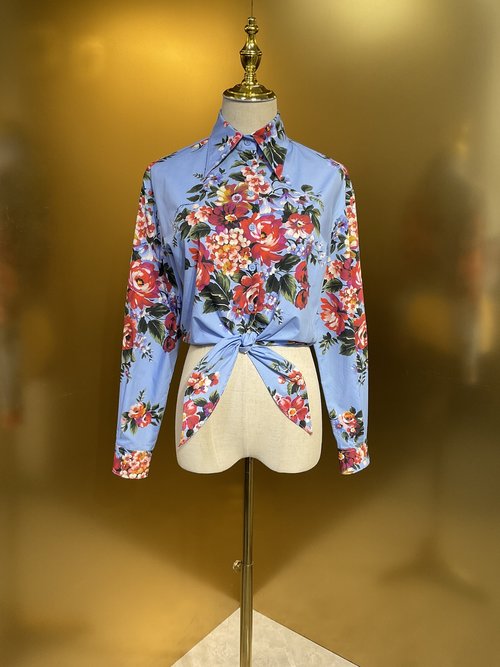Dolce & Gabbana Blue Background Big Flower Cotton Long Sleeve Fashion Shirt