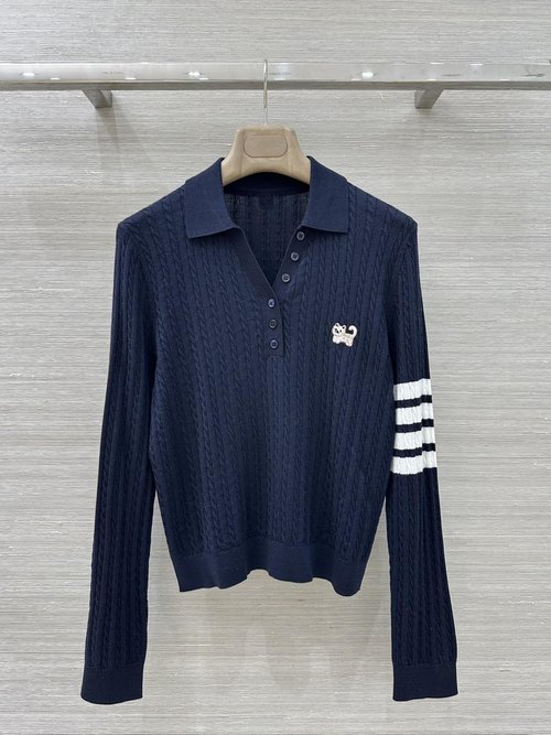 Thom Browne Silk-Wool Blend Polo with Whimsical Cat Embroidery