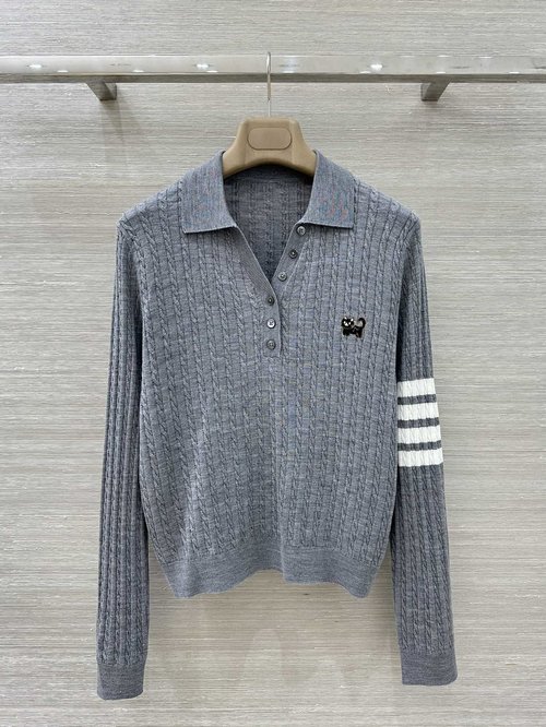 Thom Browne Elegant Silk-Wool Polo Featuring Delicate Cat Motif