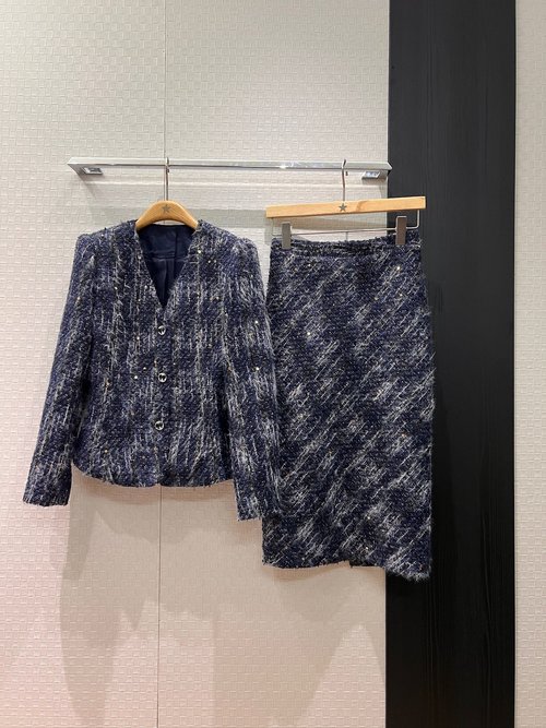 Chanel Fringed Fur V-Neck Coat and Sequined Wrap Skirt