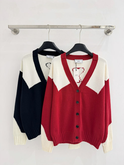 Ami Color-Blocked V-Neck Knit Cardigan with Back Jacquard