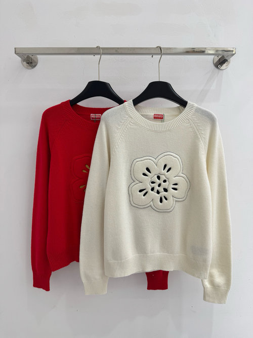 Kenzo White Flower Pattern Knit Sweater with Elastic Cuffs and Hem