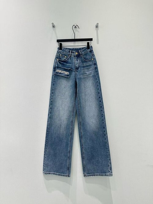 Miu Miu Stylish Hand-studded Wide-leg Jeans for Daily