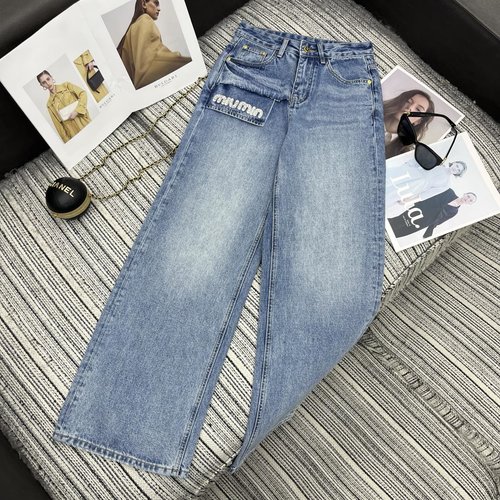 Miu Miu Denim Straight-leg Pants with Studded Letters